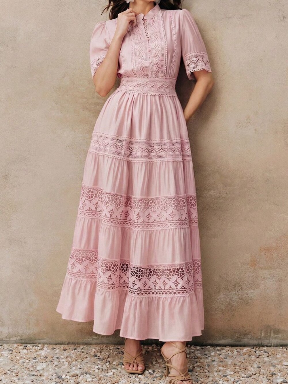 Dusty Pink Boho Women's Lace Crochet Short Sleeve Flared Dress - Picture 4 of 7